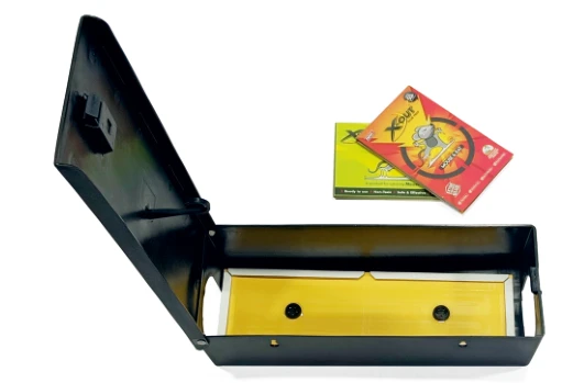 Pelstra rodent bait station with its lid open