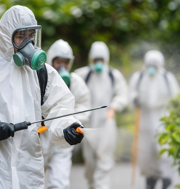 Pest-management professionals wearing protective equipment during outdoor application
